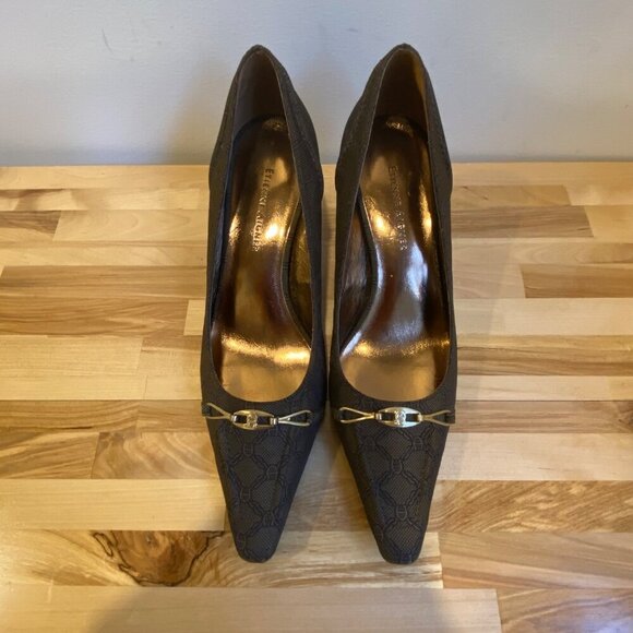 Etienne Aigner Brown Designer Patterned Kitten Heels tan brown gold bow Size 5.5 - Picture 5 of 16